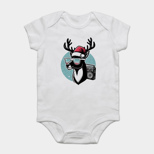 Retro Christmas Reindeer Santa Hat Baby Bodysuit by Frank Ring